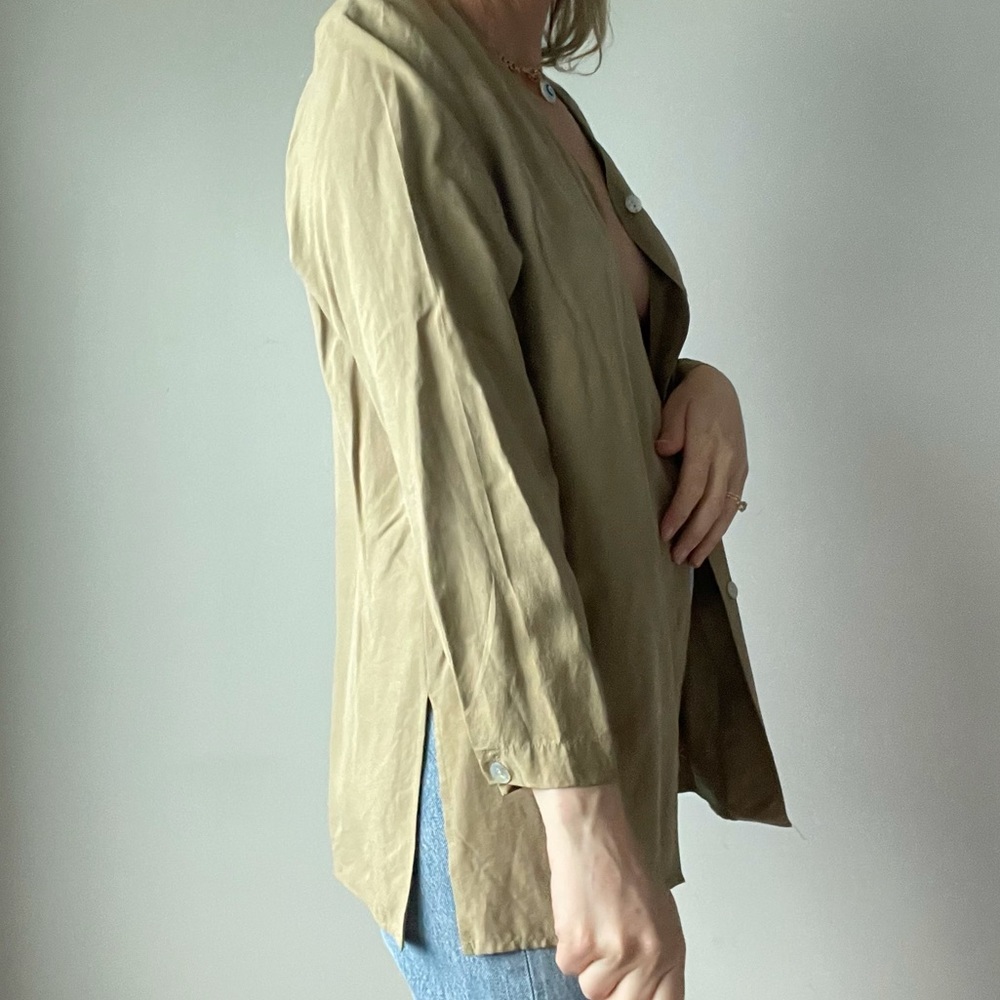Vintage Taupe Silk Button Front Shirt Long-Line - Picture 3 of 6